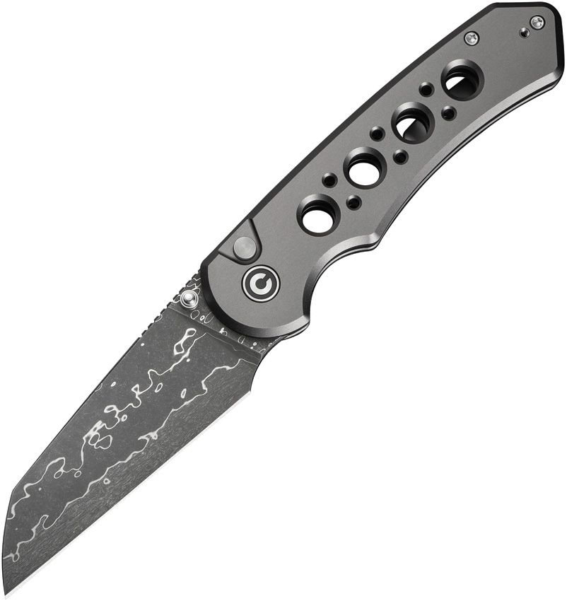 Civivi Knives, 24067DS1, Pragma Prime Button Lock, Damascus steel Wharncliffe blade. Gray aluminum handle