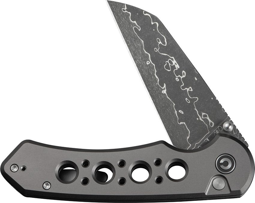 Civivi Knives, 24067DS1, Pragma Prime Button Lock, Damascus steel Wharncliffe blade. Gray aluminum handle