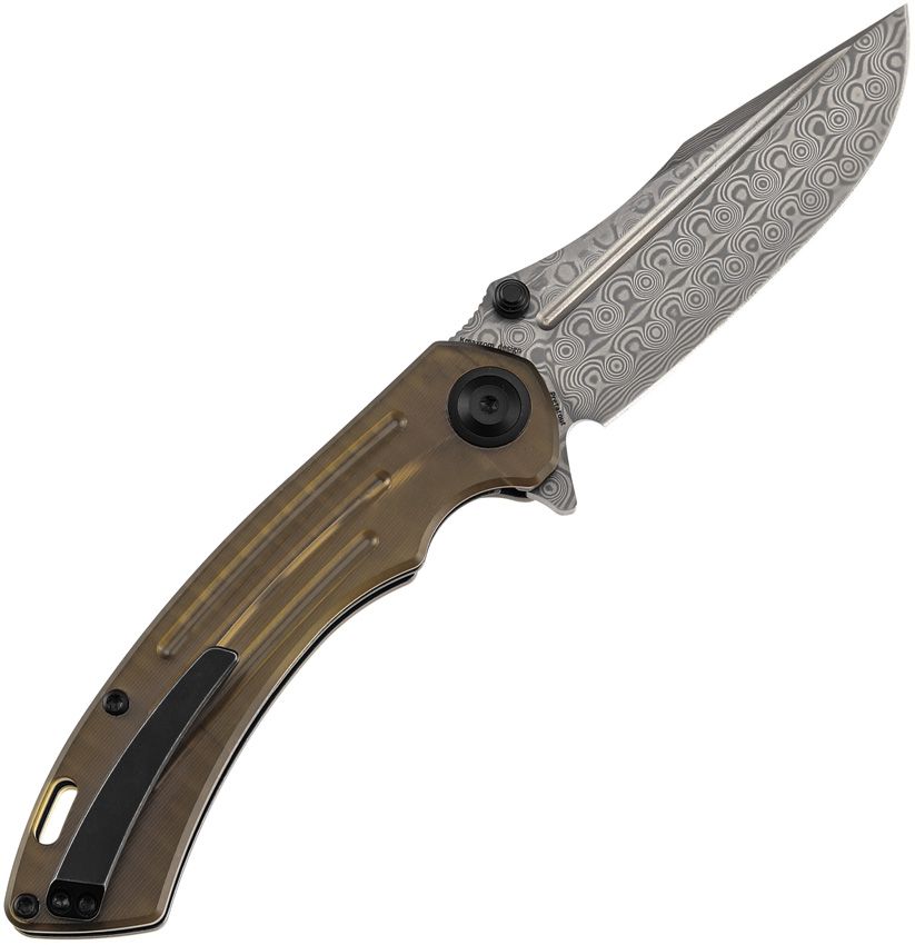 Kansept Knives, 1032D4, Pretatout Framelock Damascus steel drop point blade