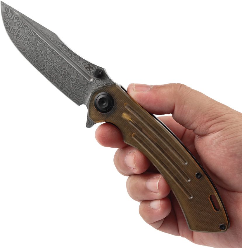 Kansept Knives, 1032D4, Pretatout Framelock Damascus steel drop point blade